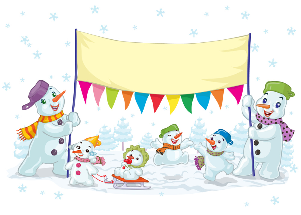 Cheerful snowmen family holding a blank banner with colorful flags, celebrating winter in a snowy forest scene.