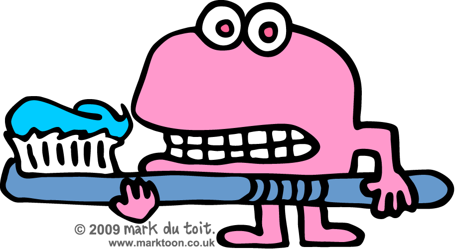 Pink cartoon monster holding a giant toothbrush with blue toothpaste, smiling with visible teeth.