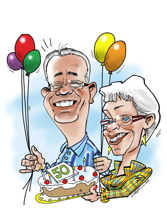 50th Anniversary Celebration Caricature - Joyful Couple with Balloons & Cake