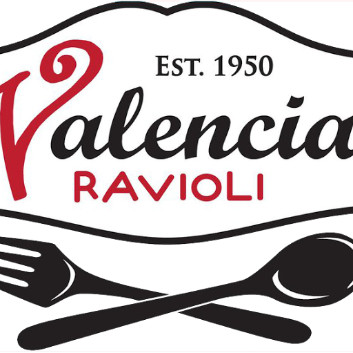 Valencia Ravioli logo featuring "Est. 1950", stylized red "V", crossed fork and spoon on black background.