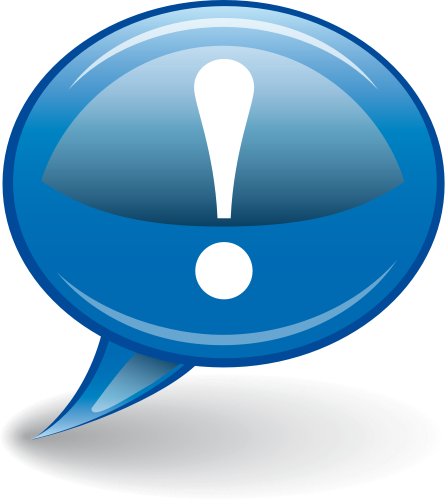 Blue speech bubble icon with white exclamation mark indicating alert or important notice.