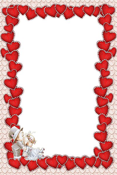 Decorative red heart border frame with romantic couple illustration in corner, ideal for Valentine’s Day or wedding content.