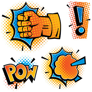 Comic-style action icons: fist punch, exclamation mark, "POW", and explosion burst in bold colors.
