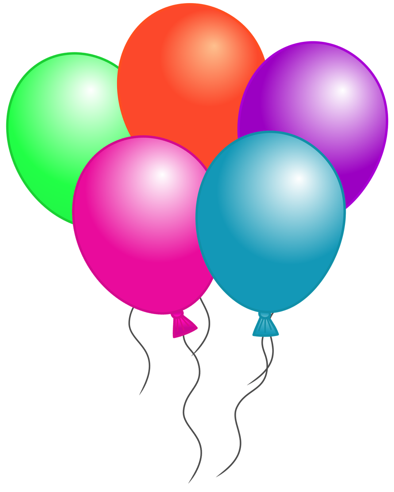 Five colorful party balloons-green, orange, purple, pink, and blue-floating against a black background.