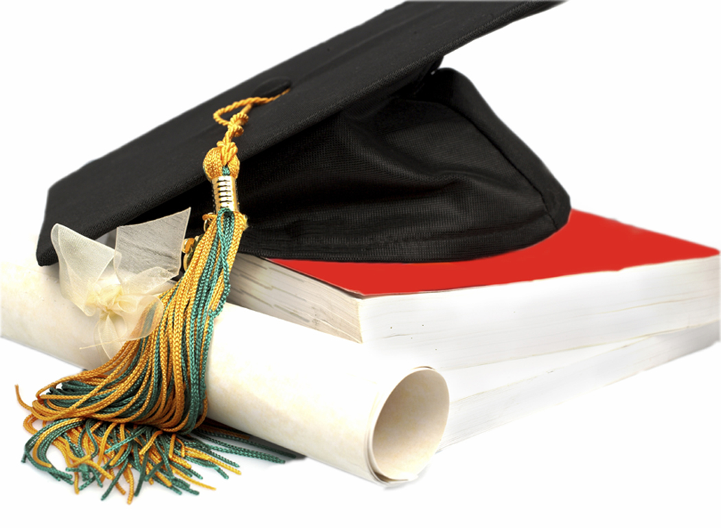 Black graduation cap with gold-and-green tassel resting on a red-book and rolled diploma scroll.