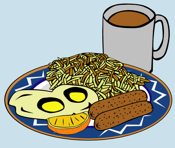 Classic American Breakfast Plate with Eggs, Sausage, Hash Browns & Coffee