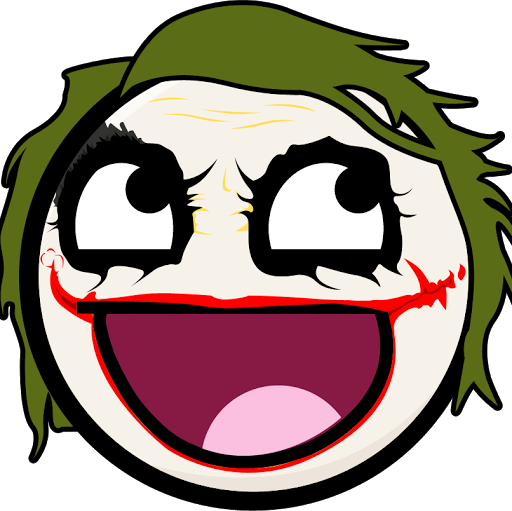 Cartoon Joker face with wild green hair, exaggerated white eyes, and a wide red grin with cracked lips.