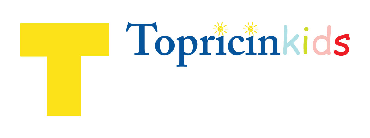 Topricin Kids logo featuring a bold yellow "T" and colorful playful text with sun icons.