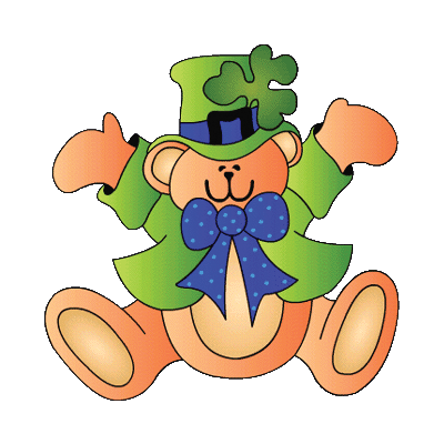 A cheerful cartoon bear in a green St. Patrick’s Day outfit with shamrock hat and blue bow tie, arms raised in celebration.