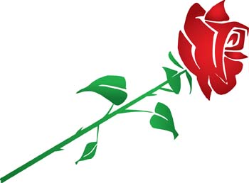 A stylized red rose with green stem and leaves on a white background, symbolizing love and romance.