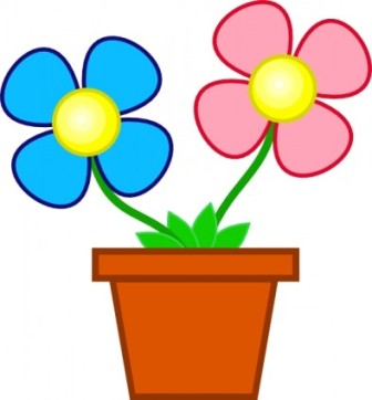 A cartoon-style potted plant with a blue and a pink flower, each with a yellow center and green stems and leaves.