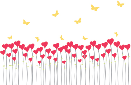 Heart Flower Field with Butterflies - Spring Illustration
