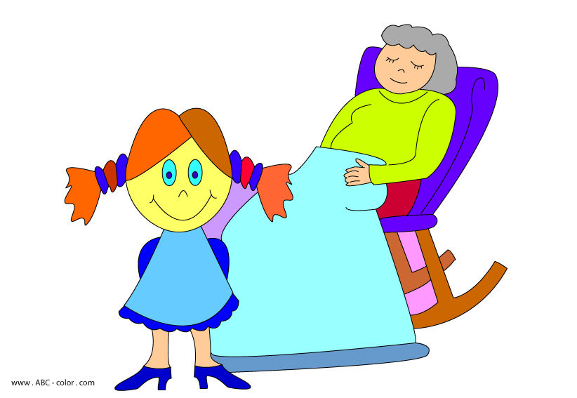 A smiling girl with pigtails tucks a blanket over her grandmother resting in a purple rocking chair.