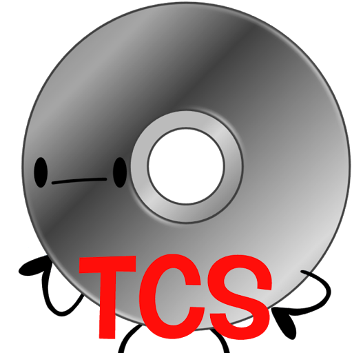 A cartoon-style silver CD with a grumpy face and bold red "TCS" text overlaid.