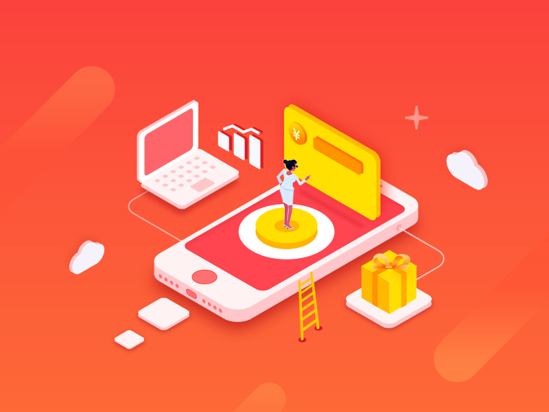 A woman stands on a smartphone screen interacting with a credit card, laptop, gift box, and ladder in an isometric digital finance illustration.
