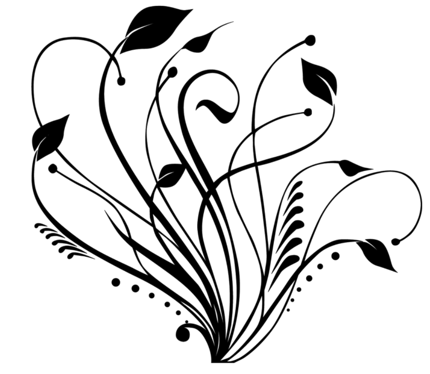 Black-and-white stylized floral vector illustration with swirling vines and leaves on white background