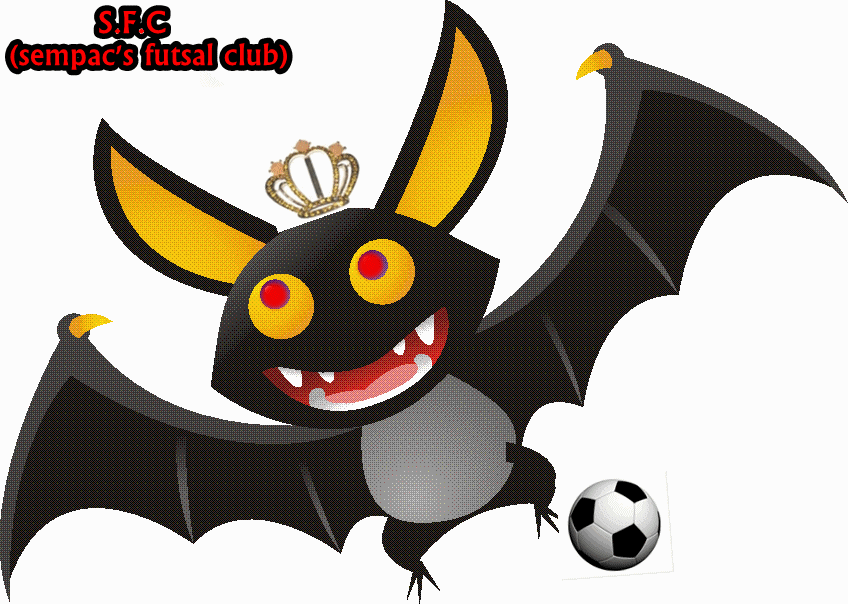 A cartoon bat mascot with a crown, red eyes, and sharp teeth holding a soccer ball, labeled "S.F.C (sempac's futsal club)".