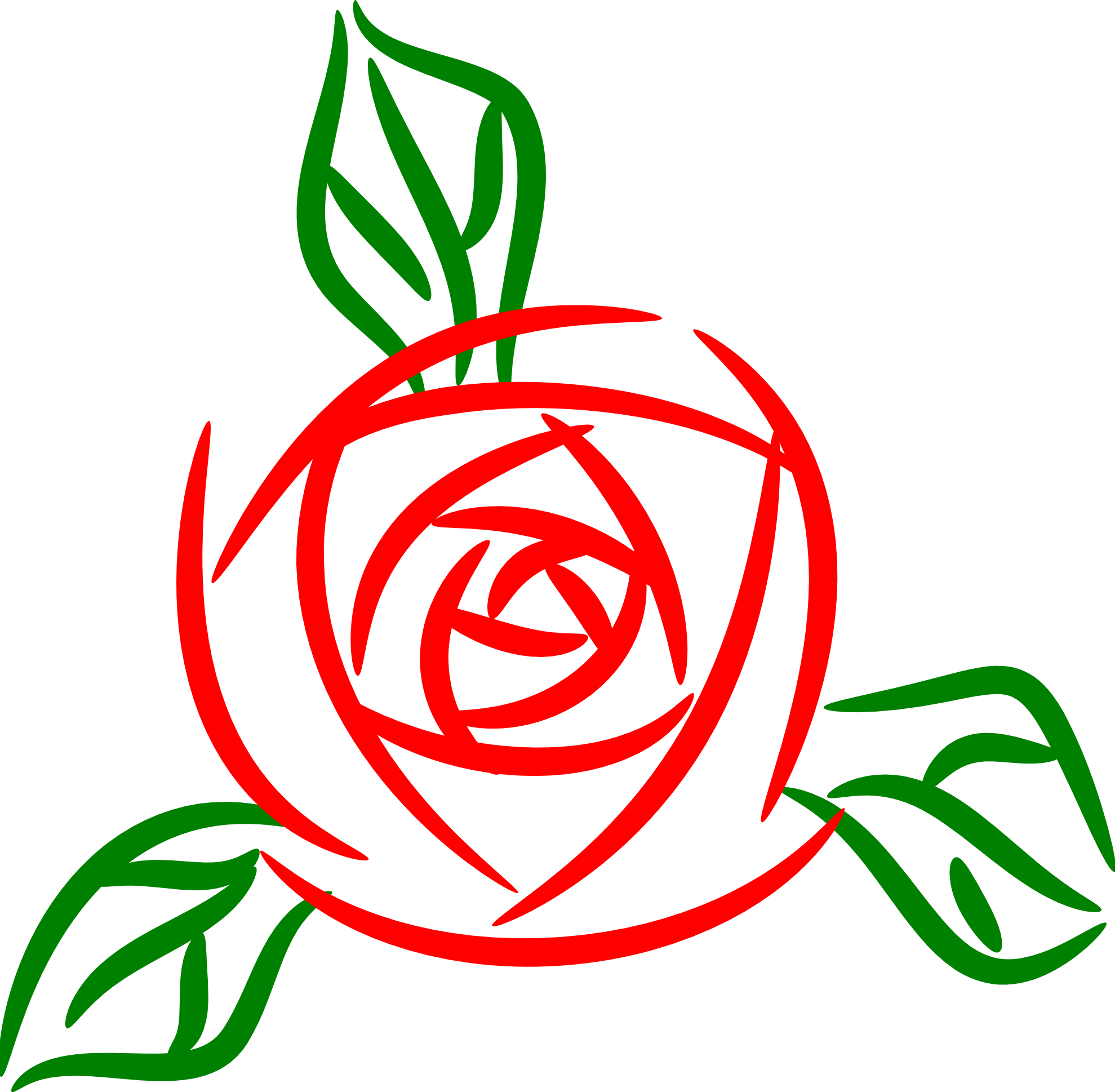 На белом листе бумаги нарисован красный цветок. Стилизованное изображение розы. Схематичное изображение розы.