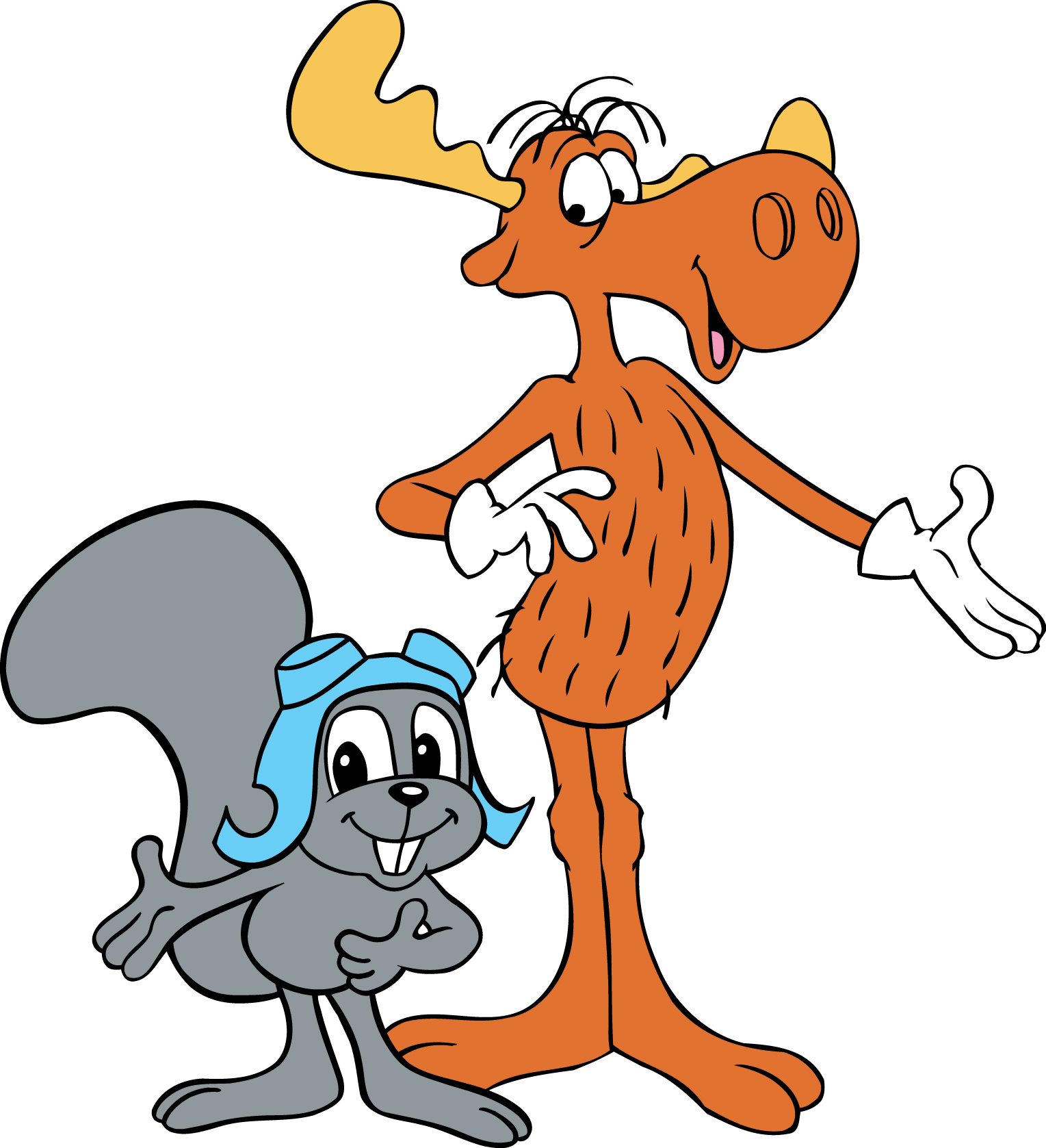 A cheerful cartoon moose with large antlers stands beside a smiling gray squirrel wearing a blue aviator cap, both gesturing warmly.