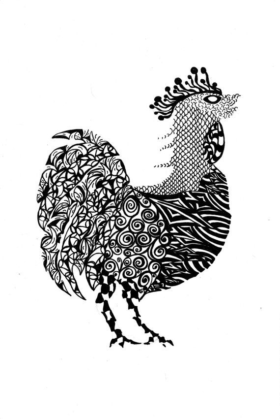 Rooster, pen and ink illustration, black and white,Zentangle, zendood…