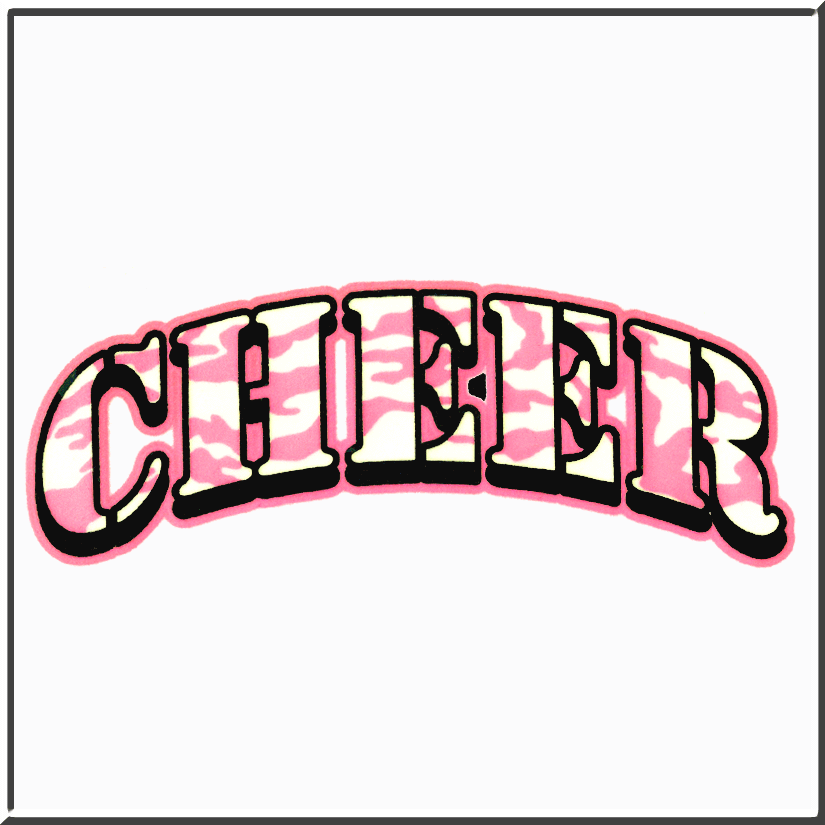 Pink and white zebra-print "CHEER" text in bold arched lettering with black outline.