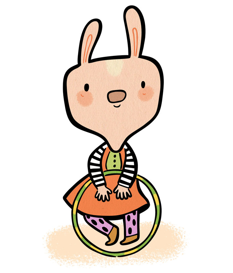 Cute cartoon rabbit in striped shirt and polka-dot pants sitting inside a colorful hula hoop.