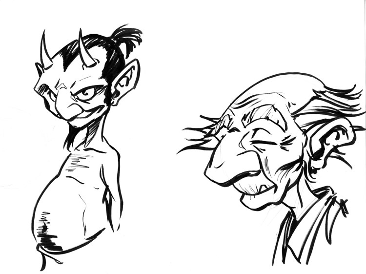 Ink Sketch Characters - Demon and Elderly Man Illustration