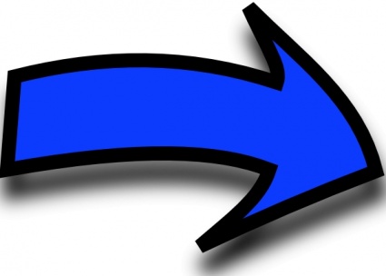 Bold blue curved arrow pointing right with black outline and shadow on white background.