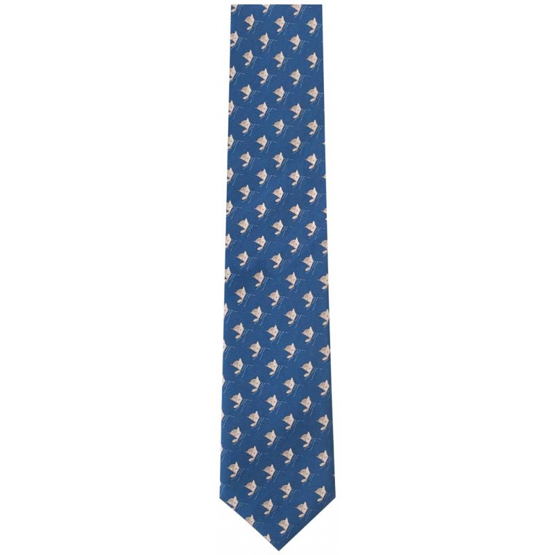 Blue silk tie with repeating beige stingray pattern on white background