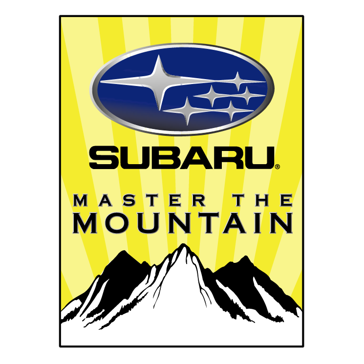 Subaru logo with "Master the Mountain" slogan over yellow sunburst and mountain silhouette.