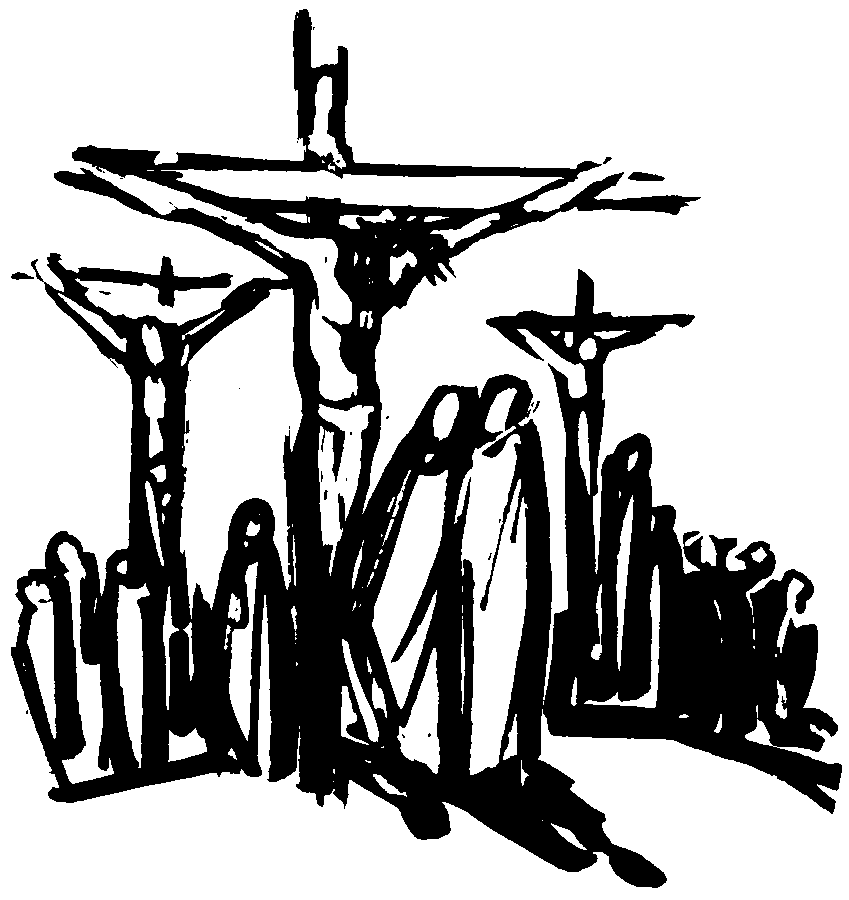 Black-and-white stylized illustration of the Crucifixion with Jesus on the central cross, two thieves on flanking crosses, and mourners below.