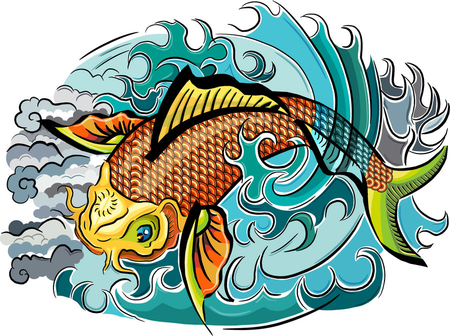Vibrant koi fish leaping through stylized turquoise waves with dynamic motion and colorful scales.