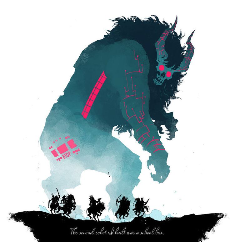 A towering cybernetic beast with glowing pink circuitry and horns looms over silhouetted knights on horseback, with text reading "The second robot I built was a school bus."