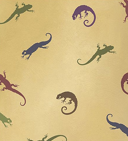 Colorful lizard silhouettes in green, purple, blue, and brown scattered across a textured beige background.