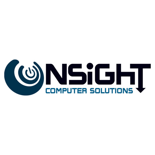 NSiGHT Computer Solutions logo featuring a dark blue circular icon with power symbol and bold text branding.