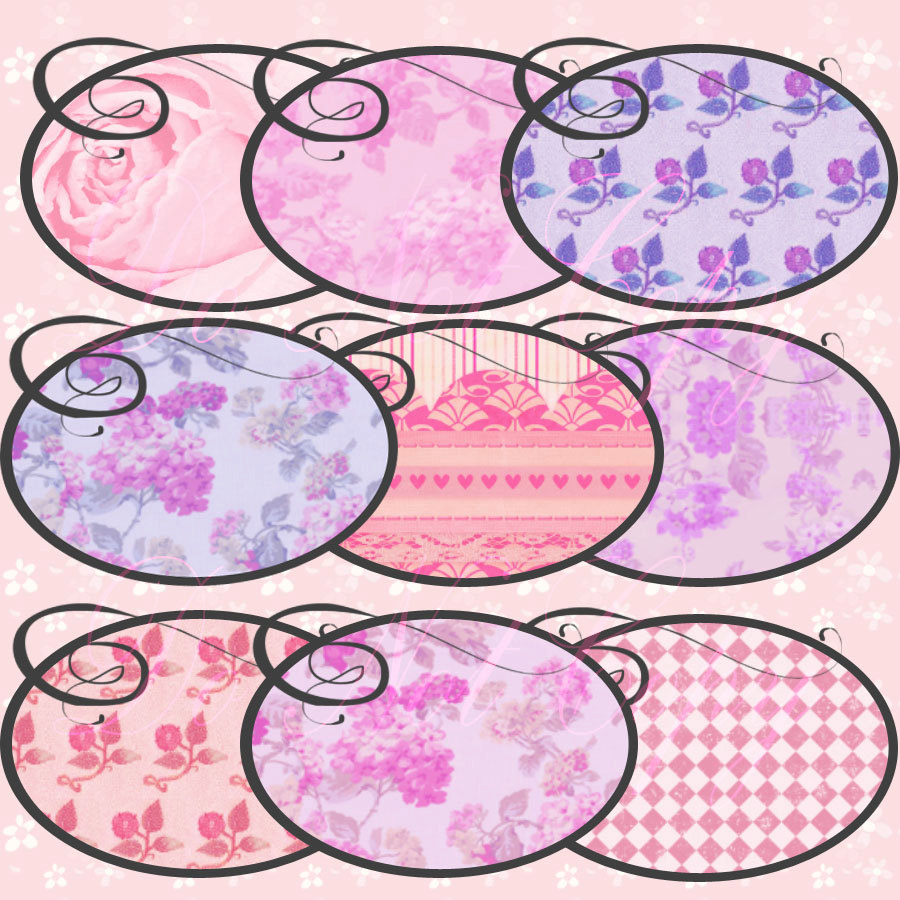 Nine ornate oval frames with vintage floral, lace, and geometric patterns in soft pinks and purples on a delicate background.