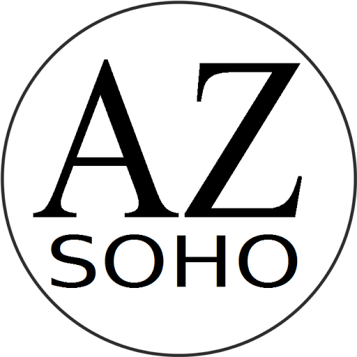 AZ SOHO logo - black serif typography in a circular white badge with thin border.