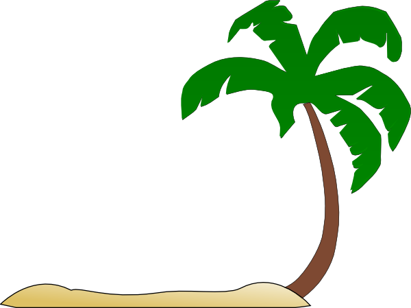 A single green palm tree with a curved brown trunk growing from a small sandy island on a white background.