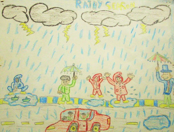 Naive illustration, children's drawing, children with umbrella standing in  the rain, Germany Stock Photo - Alamy