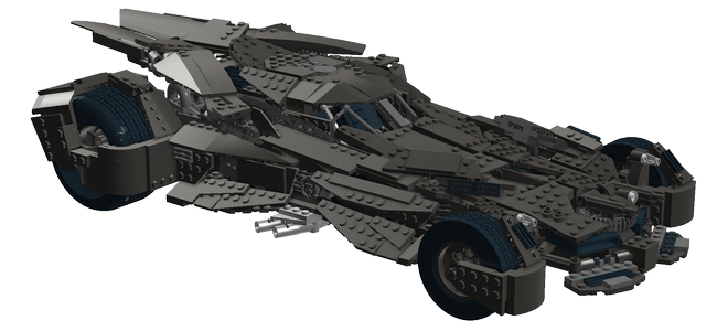 Detailed LEGO Batman Tumbler model with armored body, large wheels, and weapon systems, rendered in dark gray and blue.