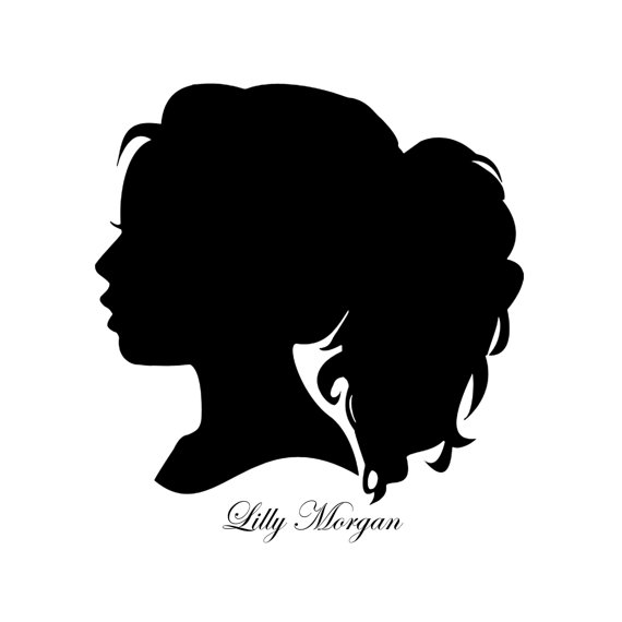 Silhouette of a woman’s profile with elegant updo hairstyle and decorative earring, labeled "Lilly Morgan".