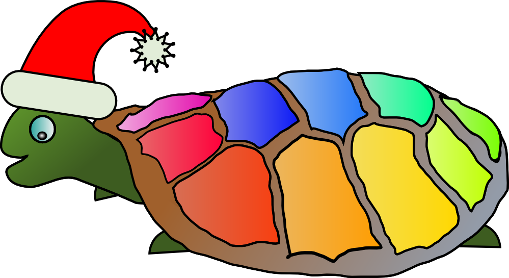 A cheerful green turtle wearing a red Santa hat, with a rainbow-colored shell in vibrant segments.