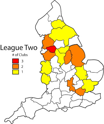 Map of England showing regional distribution of League Two football clubs by count (1-3 per region), color-coded red, orange, and yellow.