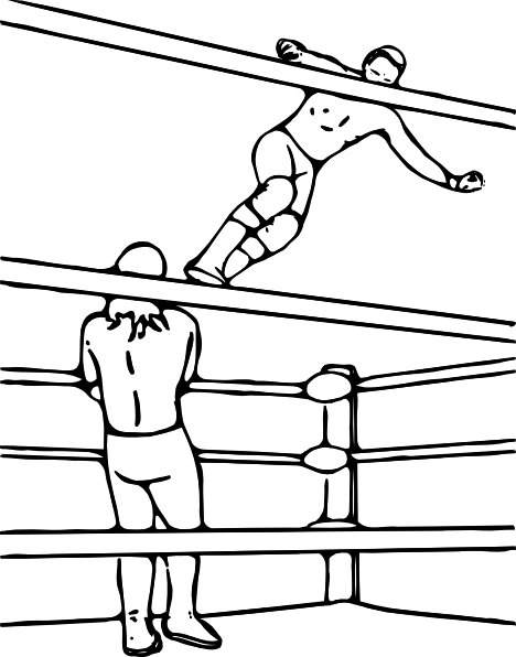 Black-and-white line drawing of two wrestlers in a ring; one leaps from the top rope while the other braces below.