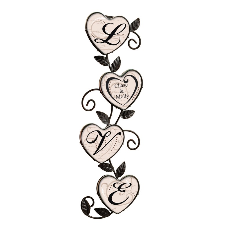 Vertical wall art with four heart-shaped frames spelling "LOVE", personalized with names "Chase & Molly" and ornate black scrollwork.