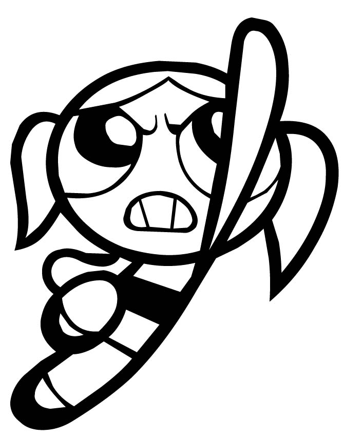Bubbles from The Powerpuff Girls - Dynamic Sword-Wielding Line Art Illustration
