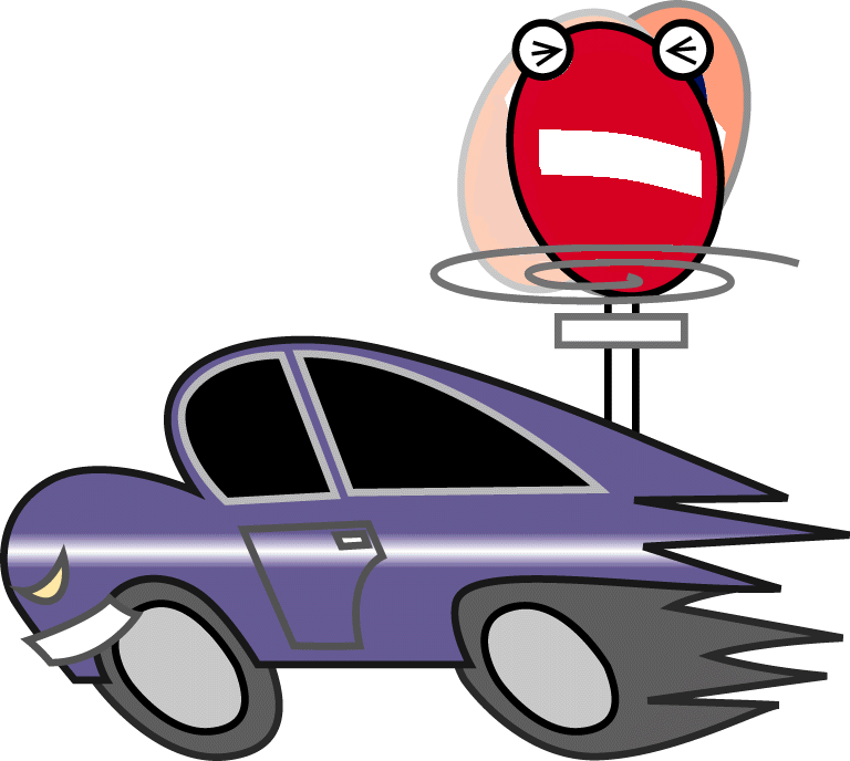 A cartoon purple car with a mischievous grin speeds past a surprised red stop sign with eyes and a mouth.