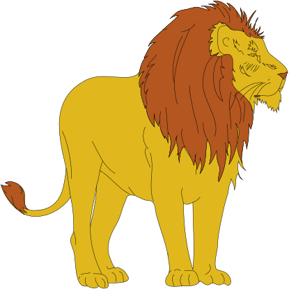A majestic adult male lion standing in profile, with a full reddish-brown mane and golden-yellow body.