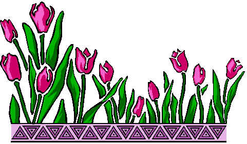 Pink tulips with green leaves growing from a decorative purple triangular border.