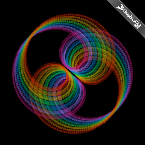 Vibrant rainbow-colored double helix spiral on black background, abstract digital art with layered concentric curves.